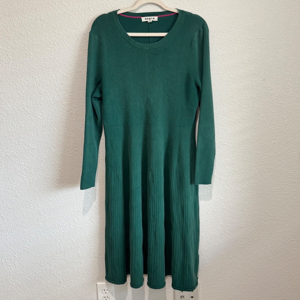 BODEN Ribbed Knit Sweater Dress Kelly Green Long‎ Sleeve Midi US 16-18 Minimal